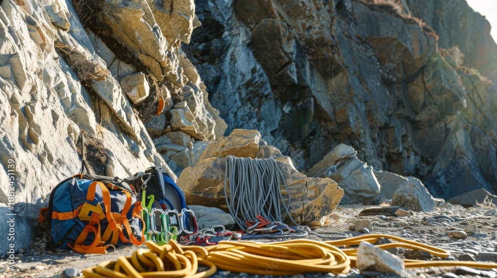 Poster a tidy rock climbing gear setup at the base of a cliff, climbing ropes and carabiners neatly placed,