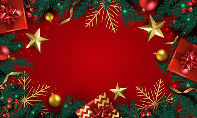 Christmas or new year background decoration with pine or fir tree branches, gift box, snowflake pattern, gold glitter confetti, golden light sparkle, ribbon and shiny elements. Xmas invitation banner.