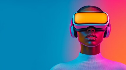 African-american woman in futuristic VR glasses against gradient background