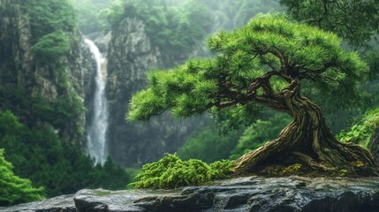 Serene Bonsai Tree and Waterfall in Lush Green Mountain Landscape