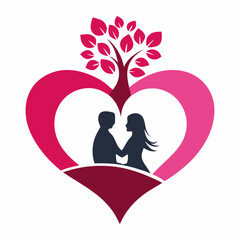 A romantic Valentine’s couple logo art illustration with a tree and love heart design art