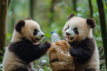 Obraz premium Pandas Sorting Recyclable Waste