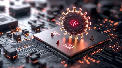 Obraz premium Futuristic Microchip Surrounded by Glowing Digital Elements on Electronic Circuit Board, Symbolizing Advanced Technology and Innovation in Computing