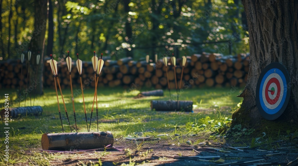 Poster A tranquil archery range set in a lush forest, Bows and arrows neatly arranged, Nature-inspired minimalist style
