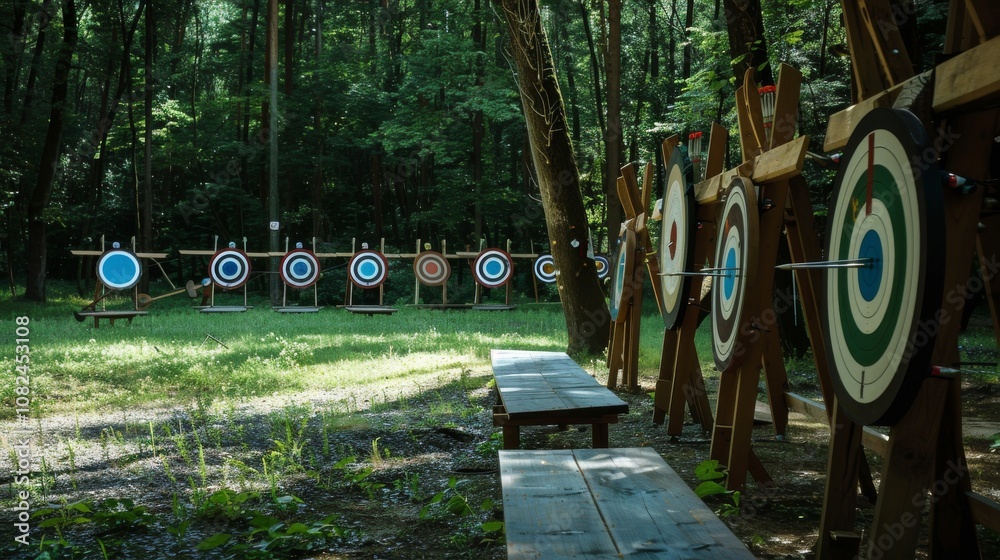 Poster a tranquil archery range set in a lush forest, bows and arrows neatly arranged, nature-inspired mini