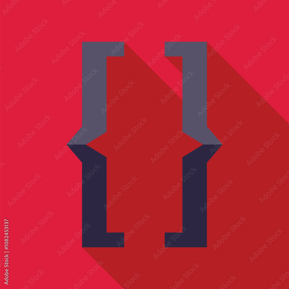 Poster dark gray square brackets symbol on a vibrant red background, casting a long shadow, evokes the worl