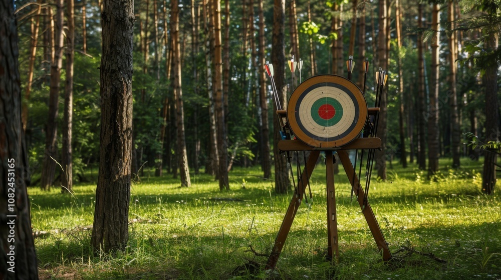 Aufkleber a tranquil archery range set in a lush forest, bows and arrows neatly arranged, nature-inspired mini