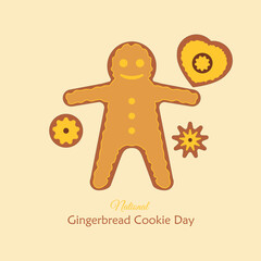 National Gingerbread Cookie Day poster vector, illustration. Gingerbread man, heart, star and round shaped cookies. Christmas decorated gingerbread cookies icon set vector. November 21.