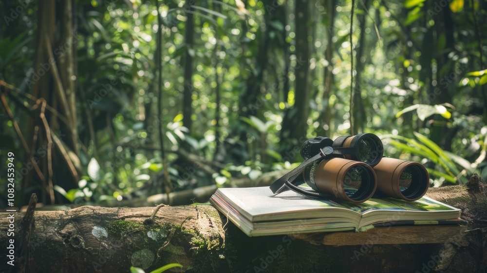 Poster a tranquil bird-watching setup in a lush forest, binoculars and guidebooks placed, nature-inspired m
