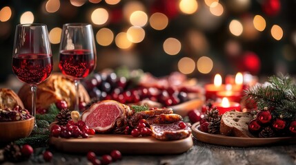 A Beautifully Decorated Holiday Dinner Table Featuring Roasted Meats, Bread, and Wine Glasses, Set Against a Background of Glowing Christmas Lights and Candles. Ideal for Christmas Feasts