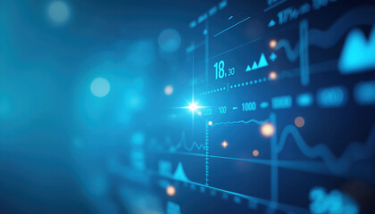 Fototapeta premium Financial Data Interface with Blue Hue: Abstract digital interface with financial data displayed in various shades of blue, emphasizing a modern financial technology theme.