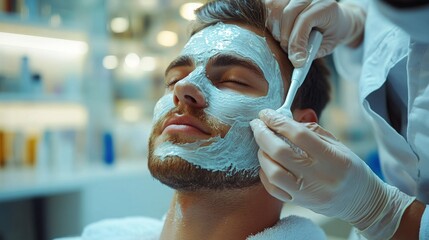 Male cosmetologist applies facial mask to a client in a modern spa during a skincare session
