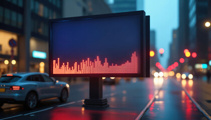 Obraz premium City Billboard with Red and Blue Display: A billboard in a city with a red and blue screen displaying a financial graph, representing data-driven advertising.