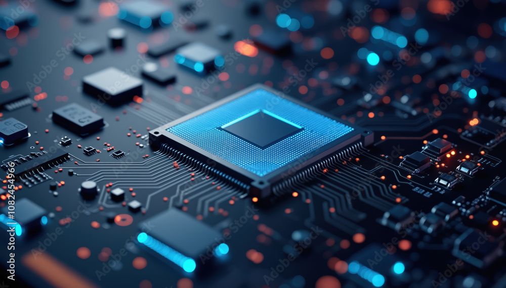 Poster ai processor on blue circuit board: a close-up of an ai processor on a blue circuit board, surrounde