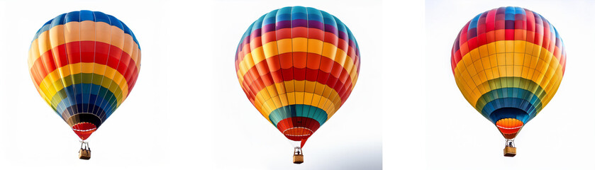 Obraz premium Three colorful hot air balloons, each with unique striped patterns, float against a white backdrop.