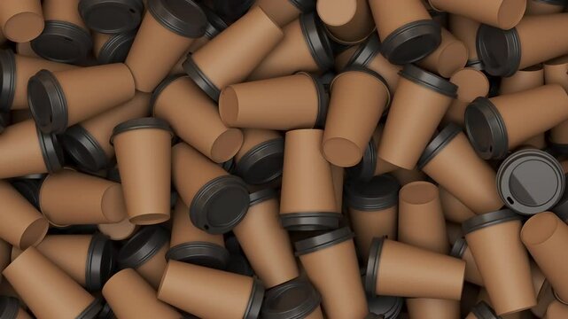 Pan over a pile of disposable coffee or tea plastic cups. Fly over set of many cups for a cafe. 3d render animation