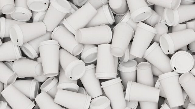 Pan over a pile of disposable white coffee or tea plastic cups. Fly over set of many cups for a cafe. 3d render animation