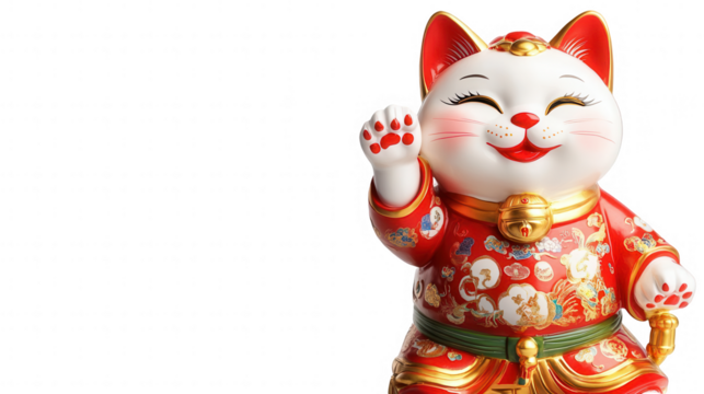 Iconic Lucky Cat Statue with a Raised Paw, Chinese New Year Theme, Isolated on White, PNG File, Transparent Background