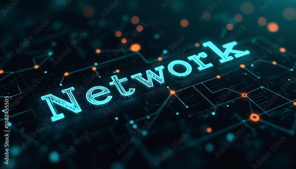 Poster network text in digital network grid: the term network displayed within a digital network grid, symb