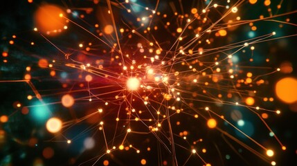 Obraz premium Abstract representation of interconnected data points and networks in a vibrant, digital space.