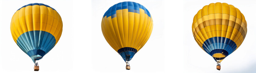 Three hot air balloons against a white background. The balloons are yellow and blue.