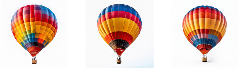 Fototapeta premium Three colorful hot air balloons are floating against a white background.