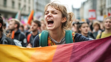 angry female activist passionately shouts amidst a crowd at a demonstration, holding a wide banner with an open space for messages, embodying the spirit of protest