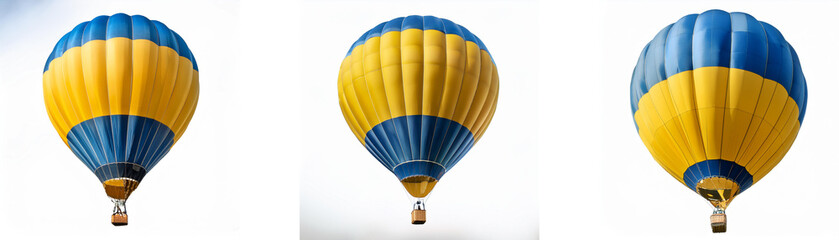 Naklejka premium Three hot air balloons are arranged horizontally, each with a blue and yellow striped pattern.