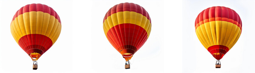 Fototapeta premium Three red and yellow hot air balloons are in the sky with white clouds.