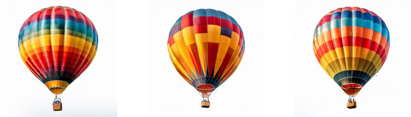 Fototapeta premium Three hot air balloons with colorful striped patterns are floating in the sky, against a plain white background.