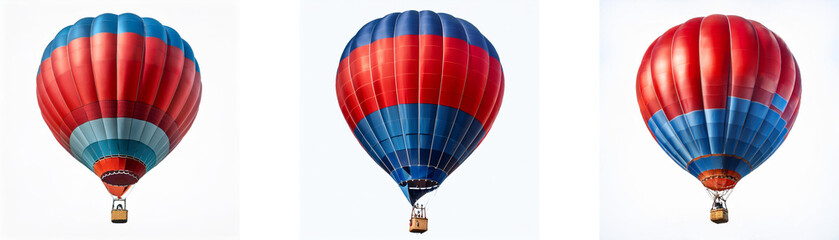 Naklejka premium Three hot air balloons, each with different red and blue color variations, are displayed against a white background.