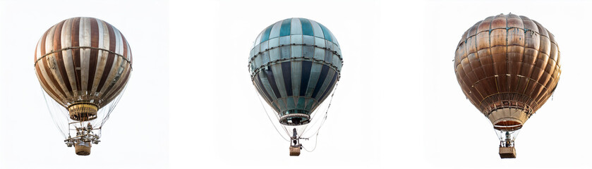 Three hot air balloons with different colored stripes and baskets are in the sky.