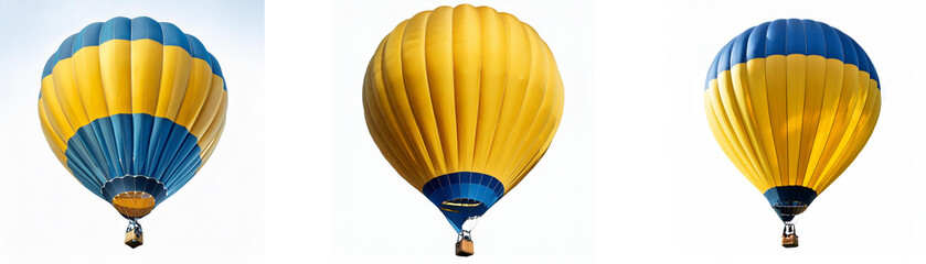 Naklejka premium Three hot air balloons in various colors and styles are floating against a white backdrop.