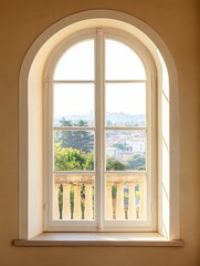 Naklejka premium Elegant Arch Window with City View: A Timeless Architectural Detail