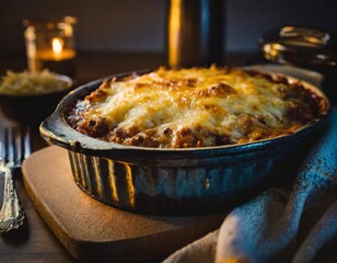 Rich and Hearty Meat Casserole Baked to Perfection with Melted Cheese Topping, Captured in a Dark and Moody Kitchen Setup with a Rustic Casserole Dish