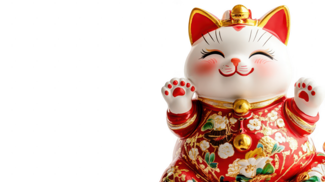 Iconic Lucky Cat Statue with a Raised Paw, Chinese New Year Theme, Isolated on White, PNG File, Transparent Background