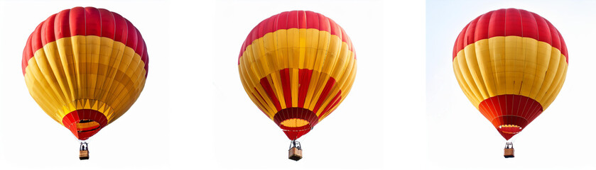 Fototapeta premium Three red and yellow hot air balloons are shown in a white sky.