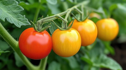 Ripe red and yellow cherry tomatoes growing on vine in a garden.