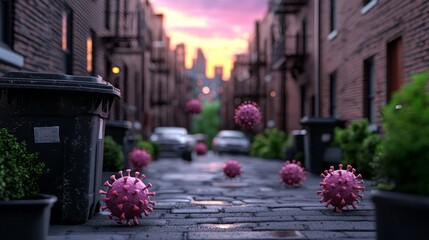 Fototapeta premium Pink virus particles float down an empty city street.