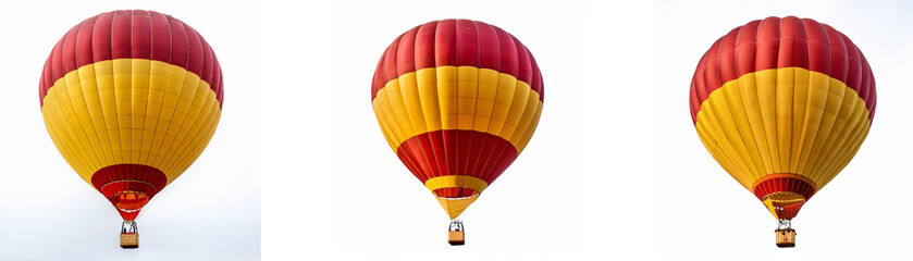 Obraz premium Three red and yellow hot air balloons are seen against a white background.