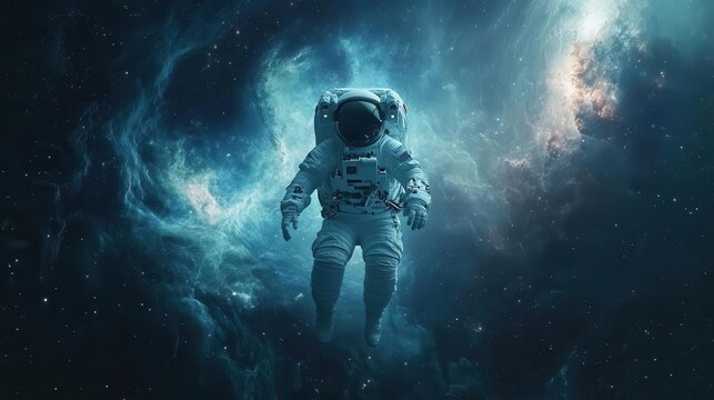 astronaut floating in the depths of space, created with ai, surrounded by swirling galaxies and cosmic elements, embodying the mysteries of the universe
