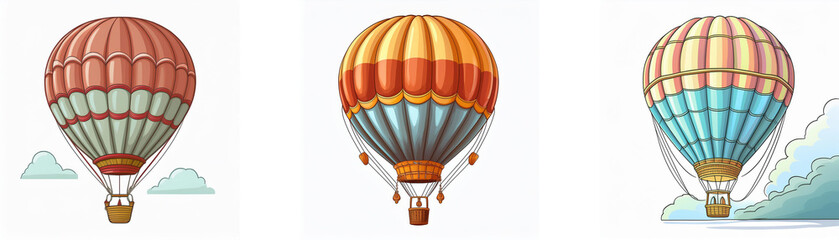 Obraz premium Three hot air balloons with different colored patterns, one with a red, white and green color scheme, one with an orange, yellow and blue color scheme, and one with a peach, blue, and white color sche