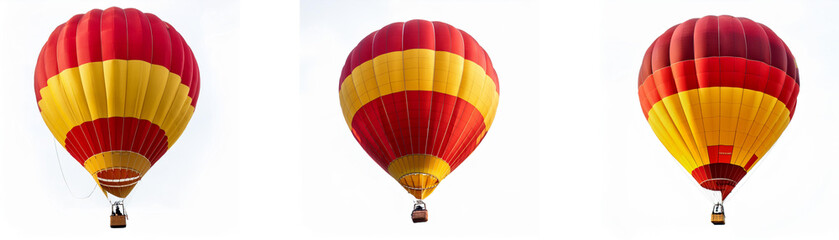 Fototapeta premium Three red and yellow hot air balloons against a white background.
