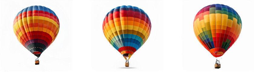 Fototapeta premium Three colorful hot air balloons are displayed against a white background.
