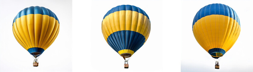 Fototapeta premium Three yellow and blue hot air balloons against a white background.