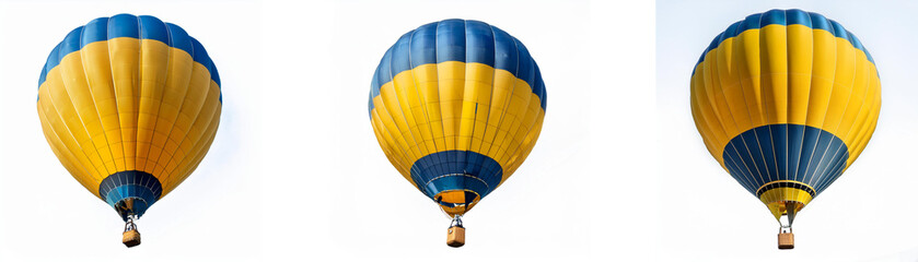 Fototapeta premium Three yellow and blue hot air balloons float in a white sky.