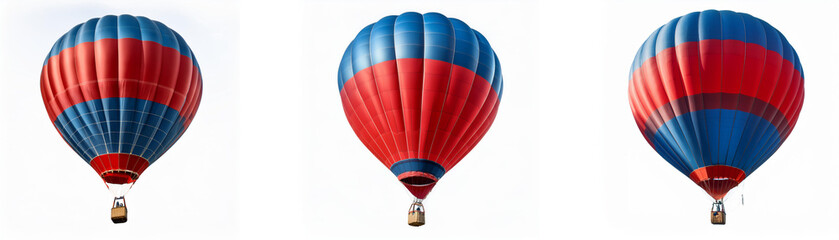 Fototapeta premium Three red and blue hot air balloons are floating against a white background.