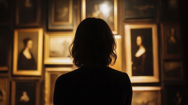 back view of an adult woman observing paintings in an antique museum gallery, her silhouette framed by classic artwork, conveying a sense of appreciation and cultural enrichment