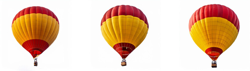Fototapeta premium Three hot air balloons, one red and yellow, are isolated against a white background.