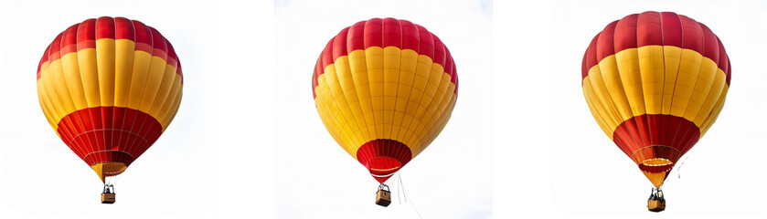 Fototapeta premium Three red and yellow hot air balloons against a white background.